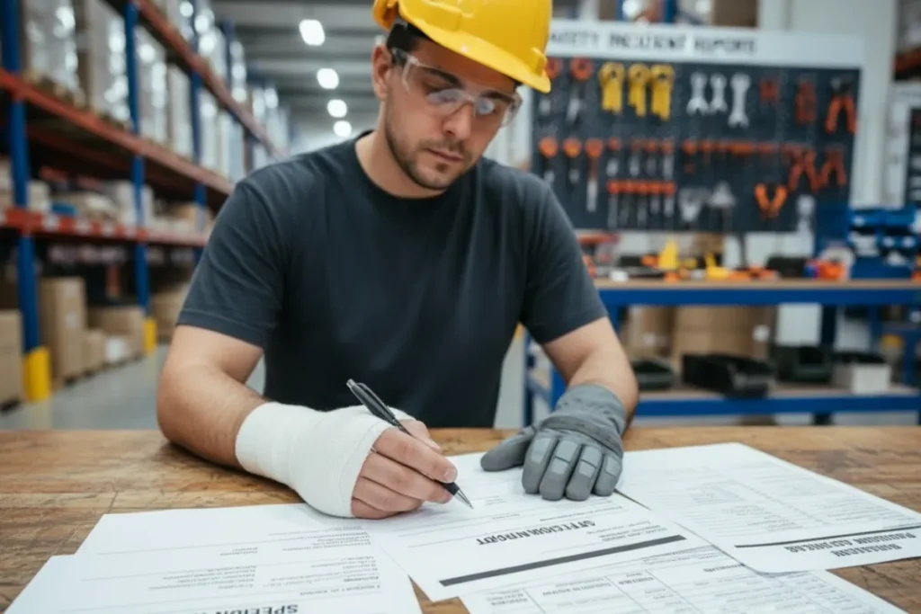 A warehouse worker safely opening a package using the Cardboard Piranha ergonomic safety box cutter to prevent workplace lacerations.